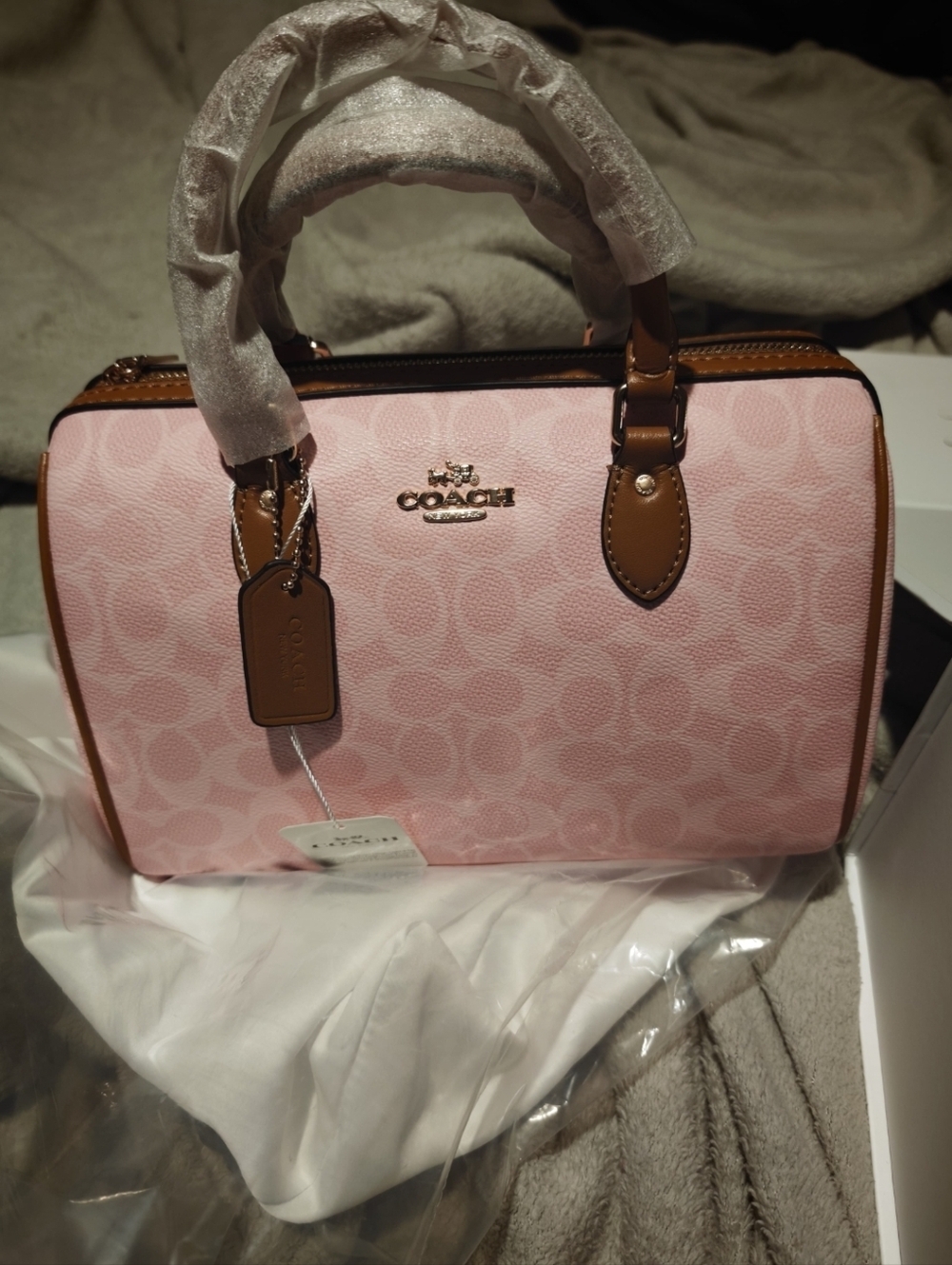 NWT-Coach Rowan MEDIUM Powder Pink Signature Canvas Satchel Without Charms C318